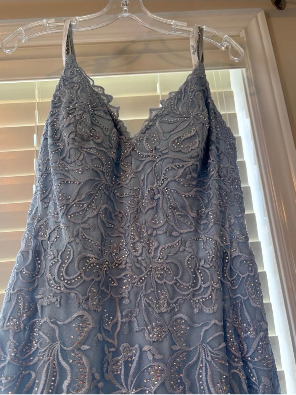 Beaded Lace V-Neck Prom Dress in Steel Blue